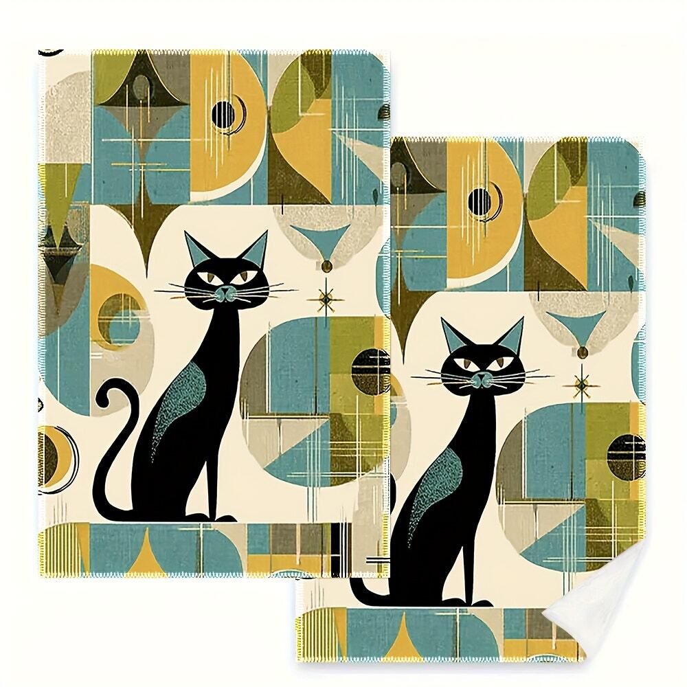 2pcs MCM Black Cat Towel Kitchen Bath Beige New Mid Century16"X24 Atomic"